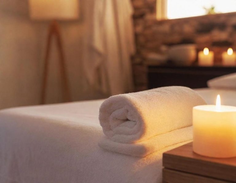 A neatly rolled towel beside a lit candle on a massage table in a serene setting.